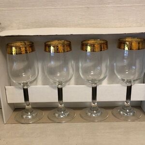 Vintage Celeni Mid Century 24 kt. Etched Gold Rim/Trim Wine/Water Goblets in Box